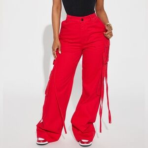 NWT Fashion Nova Golden Hour Double Cargo Wide Leg Twill Pants Trousers Red XL